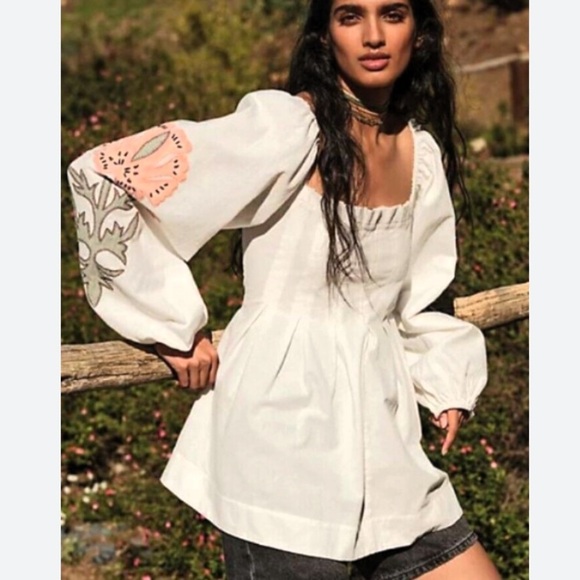 Free People tunic In Bloom shirt Spring Summer White Pullover Top Blouse small - Picture 1 of 7